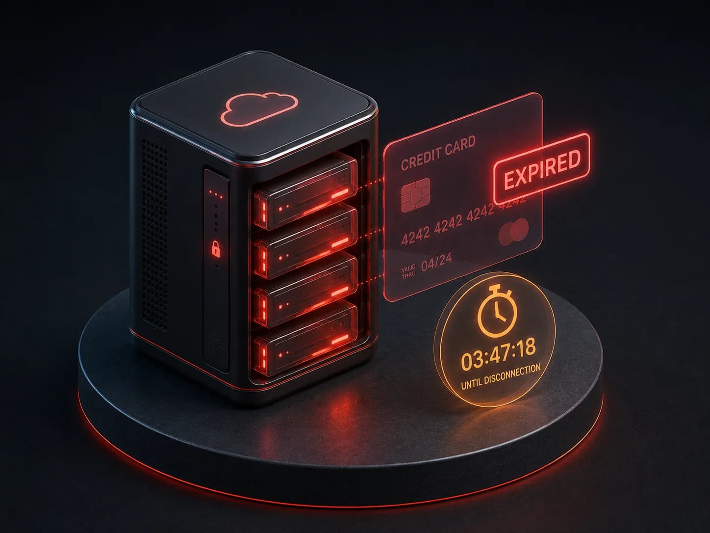 Server rack with expired payment card and shutdown countdown