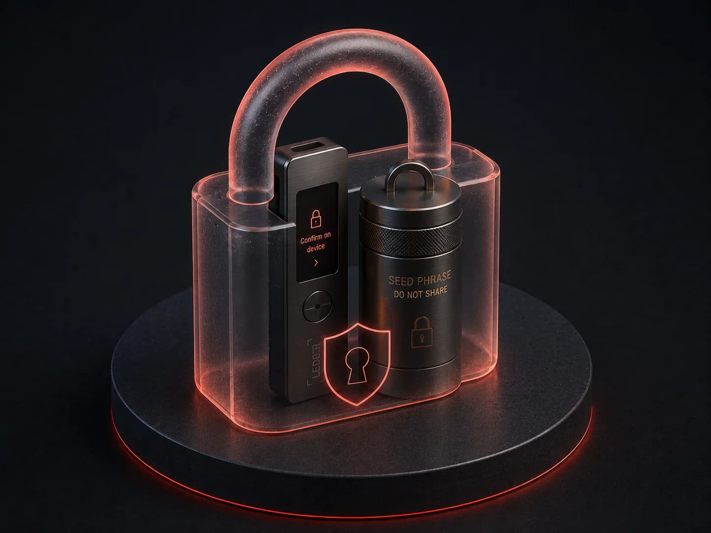 Hardware crypto wallet and seed phrase capsule sealed inside padlock